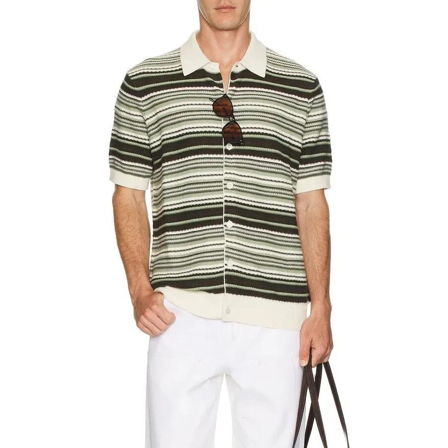 Nn07 Polo Shirt Mens Medium Green Stripe Cotton Knit Button Nolan Cardigan $230